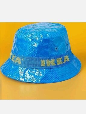 New! IKEA KNORVA Bright Blue Bucket Hat Logo Band Yellow Lining!
